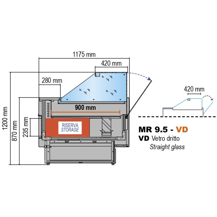 GEVENTILEERDE GEKOELDE TOONBANK (D 1175 MM), RECHTE RUITEN, L 2000 MM FMR1020VD TECNODOM