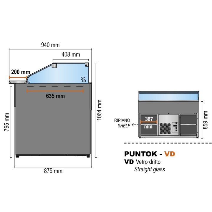COMPTOIR VITRINE REFRIGERE VENTLE (940 MM), VITRES DROITES, L 2227 MM KPK0822VD TECNODOM