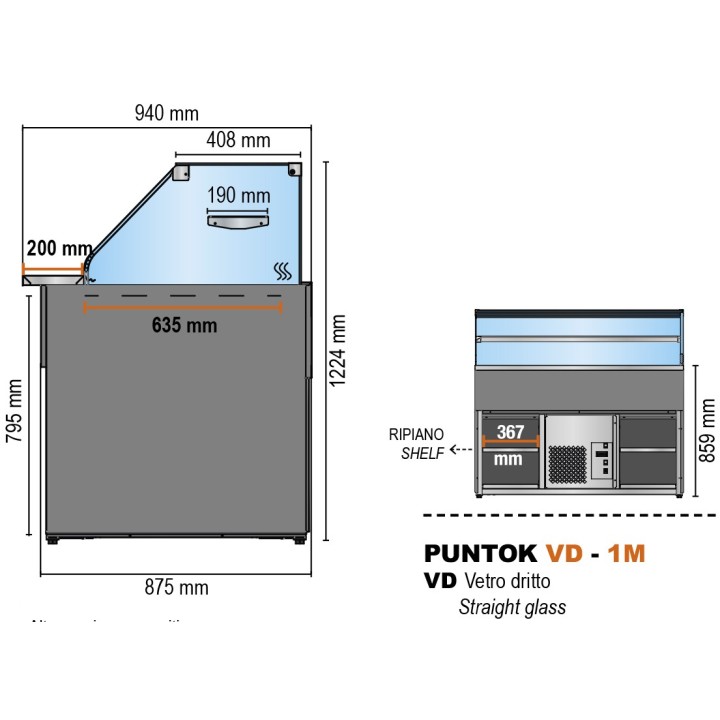 COMPTOIR VITRINE REFRIGERE VENTLE (940 MM), VITRES DROITES, L 1802 MM KPK0818VD1M TECNODOM