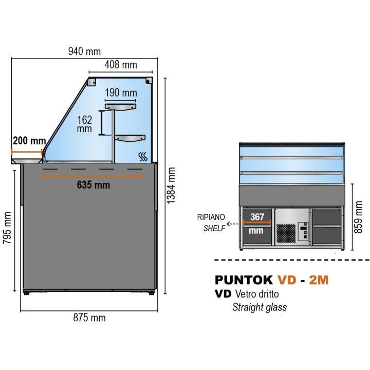 GEVENTILEERDE GEKOELDE TOONBANK (D 940 MM), RECHTE RUITEN, L 1802 MM KPK0818VD2M TECNODOM