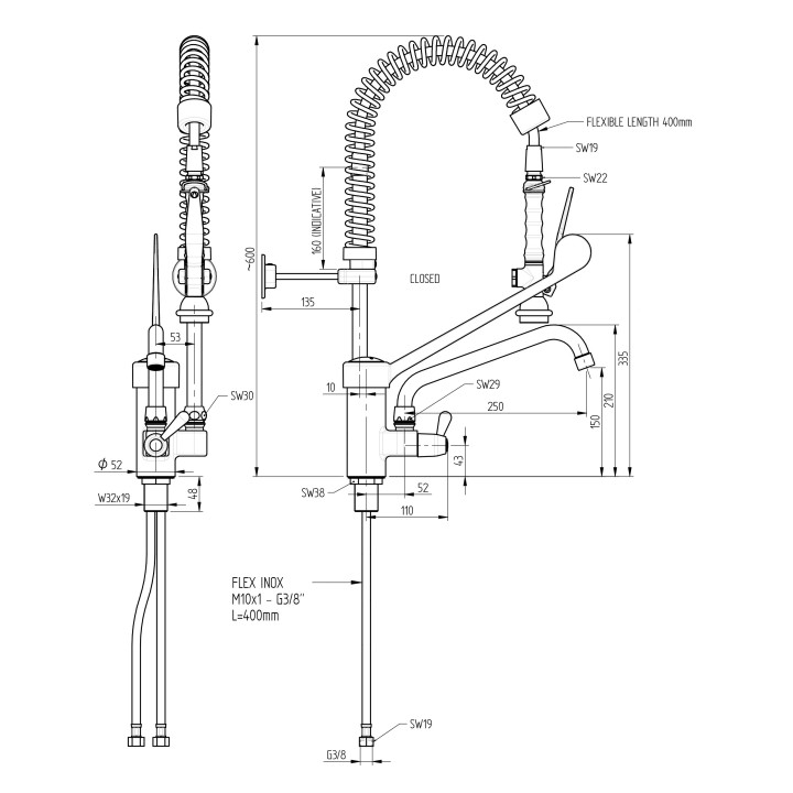 DOUCHETTE MONOTROU "BASSE", AVEC ROBINET INTERMEDIAIRE, COMMANDE A COUDE - DEBIT 18 L / MINUTE HGD1401 MONOLITH