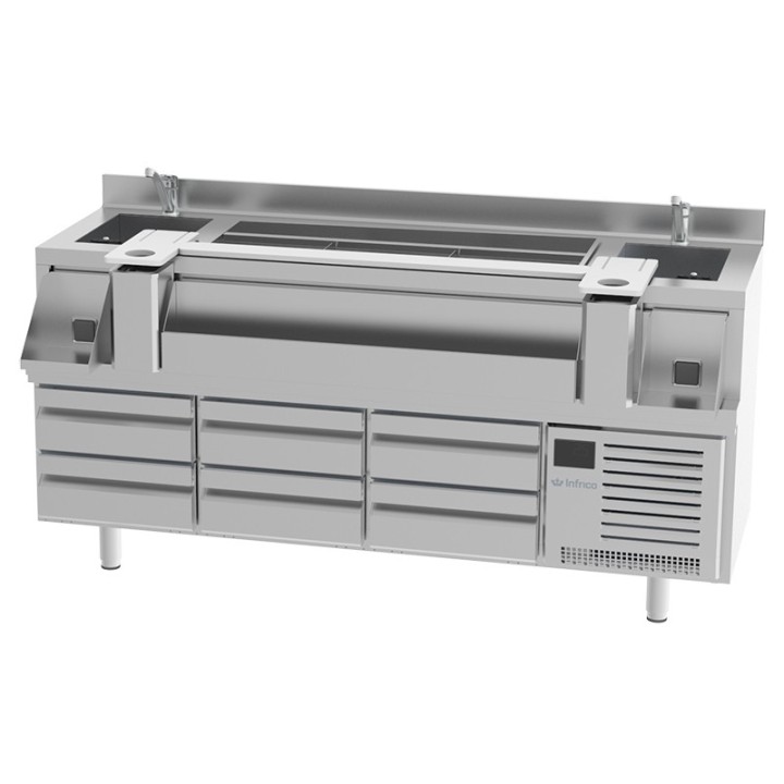 TABLE DE PREPARATION POUR COCKTAILS REFRIGEREE, AVEC 6 TIROIRS REFRIGERES, L 2000 MM FBST2000R INFRICO