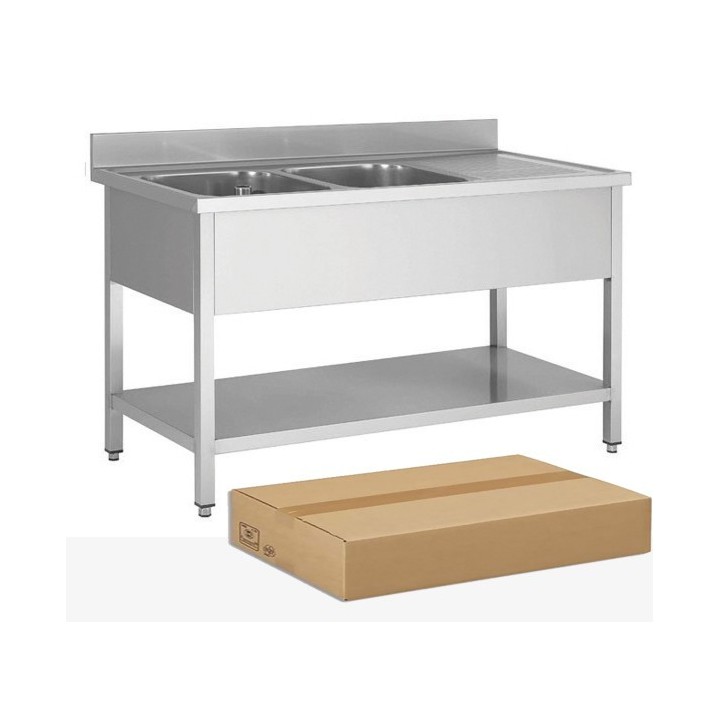 DEMONTEERBARE RVS SPOELBAK, 2 BAKKEN AFDRUIP RECHTS, MET ONDERTABLET, L 1600 MM JPG1KIT-160602D FORCAR