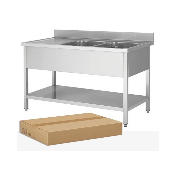 DEMONTEERBARE RVS SPOELBAK, 2 BAKKEN AFDRUIP LINKS, MET ONDERTABLET, L 1600 MM JPG1KIT-160702G FORCAR