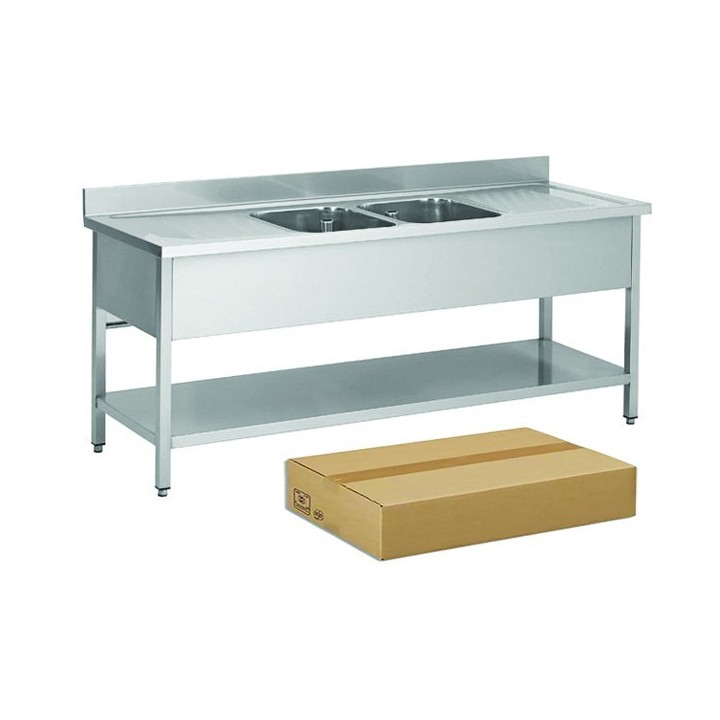 PLONGE INOX DEMONTABLE, 2 BACS EGOUTTOIR A GAUCHE ET DROITE, AVEC SOUTABLETTE, L 2000 MM JPG1KIT-200702GD FORCAR